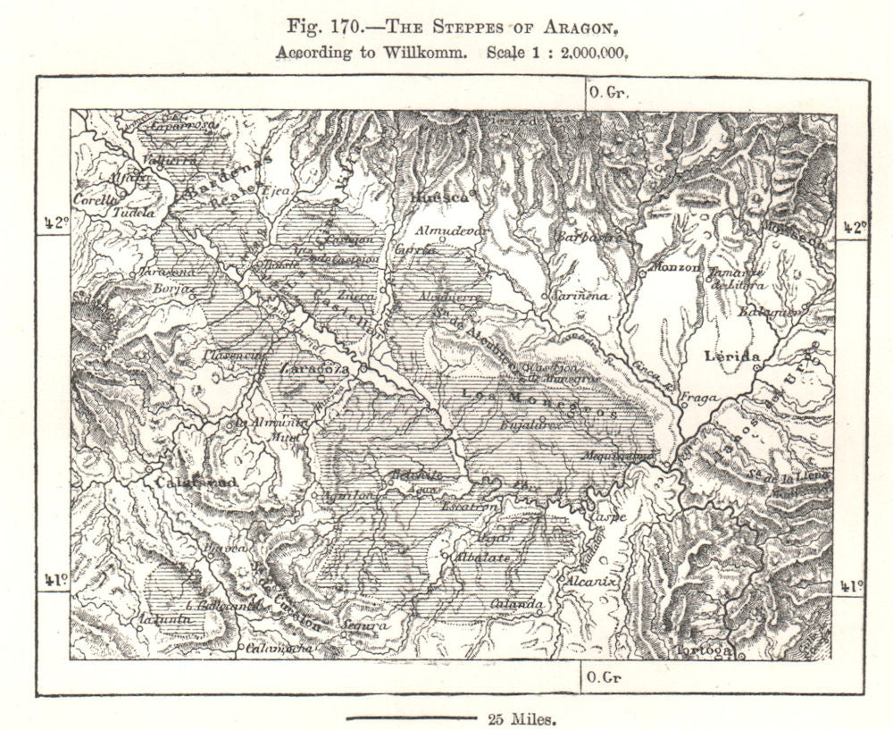 The Steppes of Aragon, per Willkomm. Zaragoza Lerida. Spain. Sketch map 1885